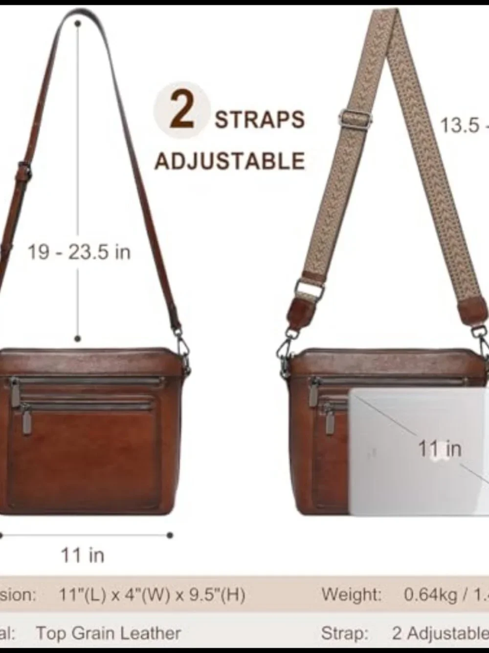 Genuine Leather Crossbody Satchel with Multiple Pockets Adjustable Straps